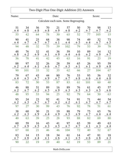 The Two-Digit Plus One-Digit Addition With Some Regrouping – 100 Questions (D) Math Worksheet Page 2