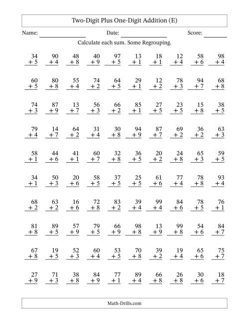 The Two-Digit Plus One-Digit Addition With Some Regrouping – 100 Questions (E) Math Worksheet