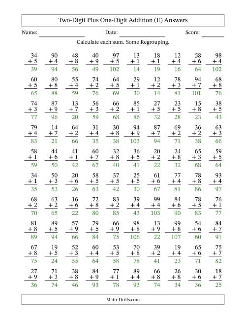 The Two-Digit Plus One-Digit Addition With Some Regrouping – 100 Questions (E) Math Worksheet Page 2