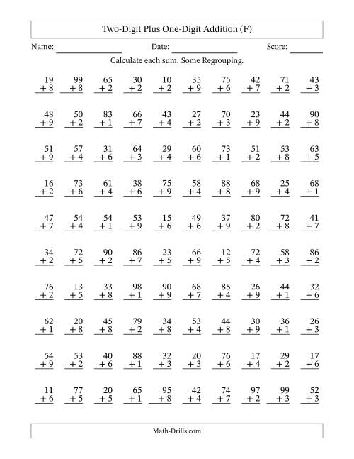 The Two-Digit Plus One-Digit Addition With Some Regrouping – 100 Questions (F) Math Worksheet