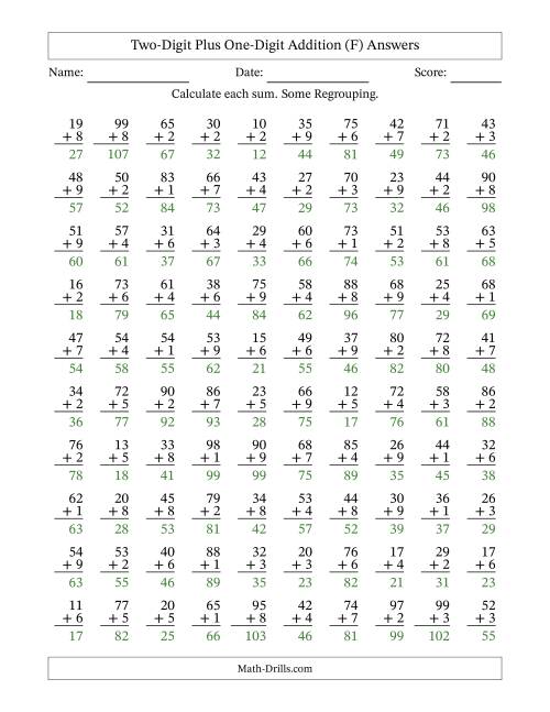 The Two-Digit Plus One-Digit Addition With Some Regrouping – 100 Questions (F) Math Worksheet Page 2