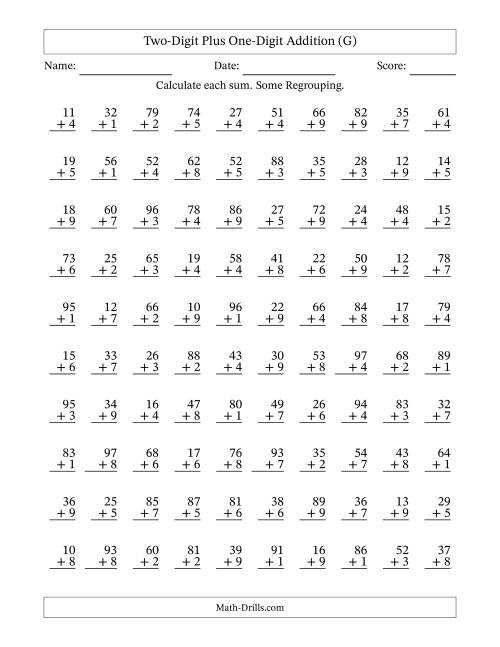 The Two-Digit Plus One-Digit Addition With Some Regrouping – 100 Questions (G) Math Worksheet