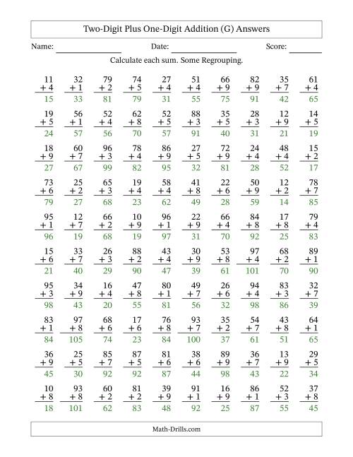 The Two-Digit Plus One-Digit Addition With Some Regrouping – 100 Questions (G) Math Worksheet Page 2