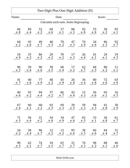 The Two-Digit Plus One-Digit Addition With Some Regrouping – 100 Questions (H) Math Worksheet