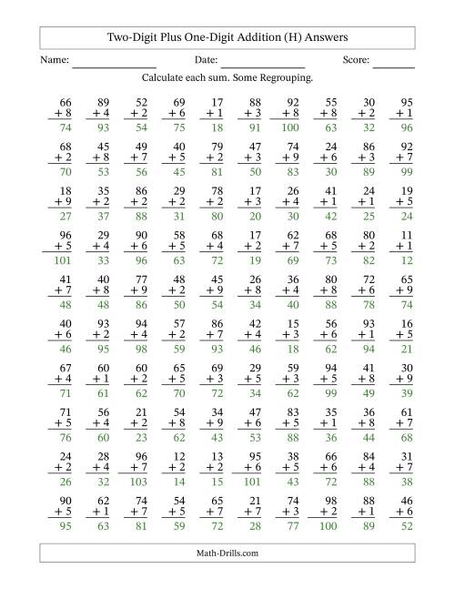 The Two-Digit Plus One-Digit Addition With Some Regrouping – 100 Questions (H) Math Worksheet Page 2