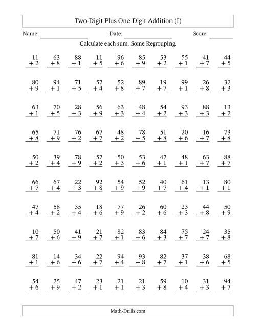 The Two-Digit Plus One-Digit Addition With Some Regrouping – 100 Questions (I) Math Worksheet