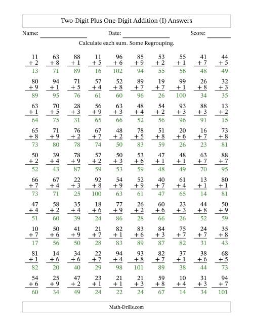 The Two-Digit Plus One-Digit Addition With Some Regrouping – 100 Questions (I) Math Worksheet Page 2