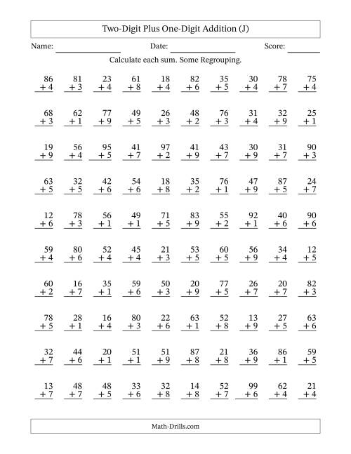 The Two-Digit Plus One-Digit Addition With Some Regrouping – 100 Questions (J) Math Worksheet