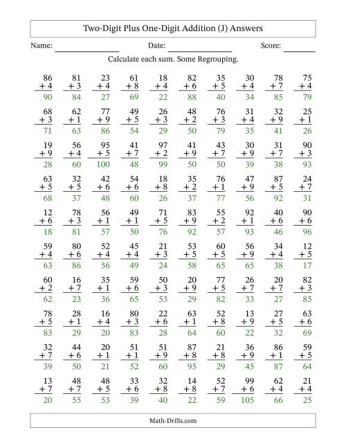 The Two-Digit Plus One-Digit Addition With Some Regrouping – 100 Questions (J) Math Worksheet Page 2
