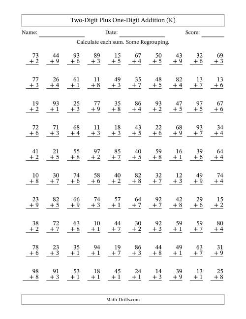 The Two-Digit Plus One-Digit Addition With Some Regrouping – 100 Questions (K) Math Worksheet