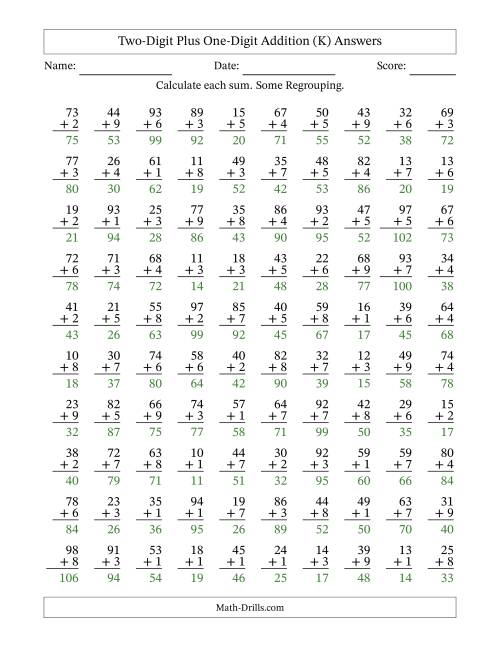 The Two-Digit Plus One-Digit Addition With Some Regrouping – 100 Questions (K) Math Worksheet Page 2