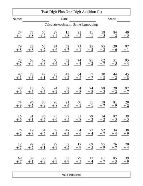 The Two-Digit Plus One-Digit Addition With Some Regrouping – 100 Questions (L) Math Worksheet