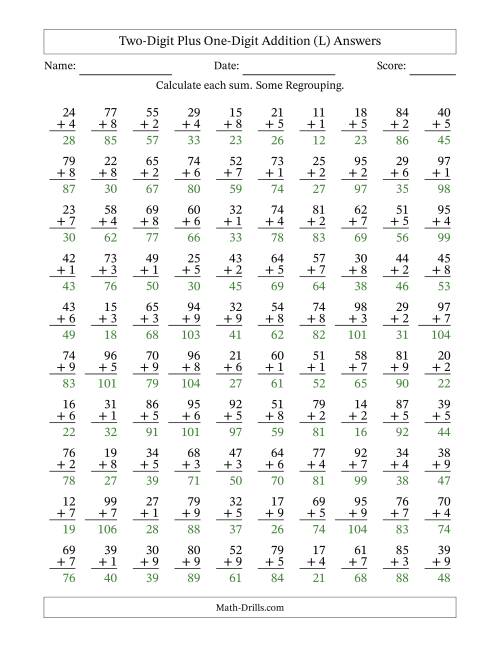 The Two-Digit Plus One-Digit Addition With Some Regrouping – 100 Questions (L) Math Worksheet Page 2