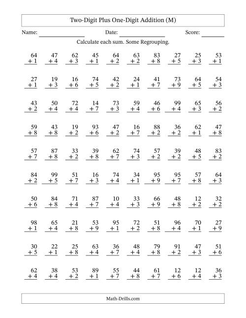 The Two-Digit Plus One-Digit Addition With Some Regrouping – 100 Questions (M) Math Worksheet