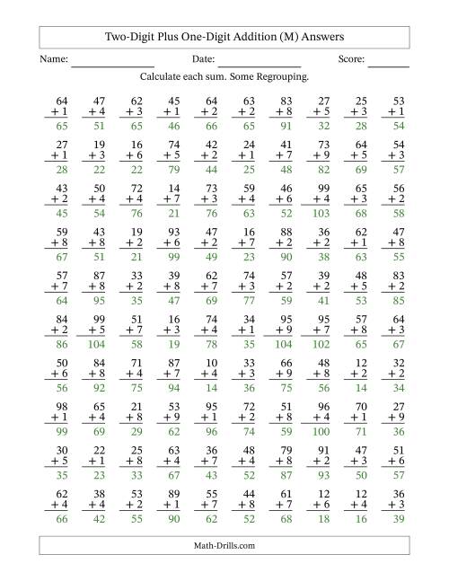 The Two-Digit Plus One-Digit Addition With Some Regrouping – 100 Questions (M) Math Worksheet Page 2