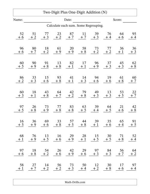 The Two-Digit Plus One-Digit Addition With Some Regrouping – 100 Questions (N) Math Worksheet
