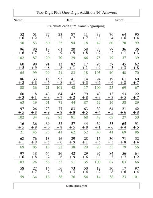 The Two-Digit Plus One-Digit Addition With Some Regrouping – 100 Questions (N) Math Worksheet Page 2