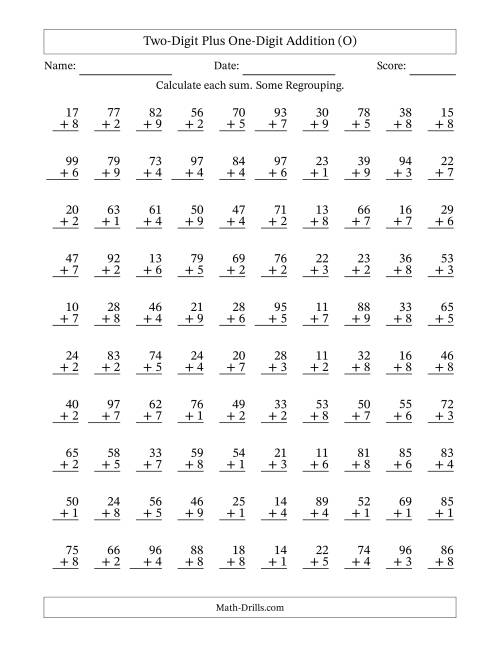 The Two-Digit Plus One-Digit Addition With Some Regrouping – 100 Questions (O) Math Worksheet