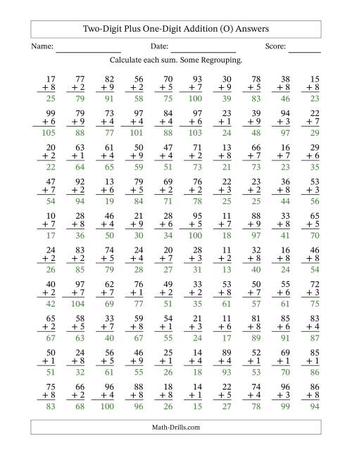 The Two-Digit Plus One-Digit Addition With Some Regrouping – 100 Questions (O) Math Worksheet Page 2