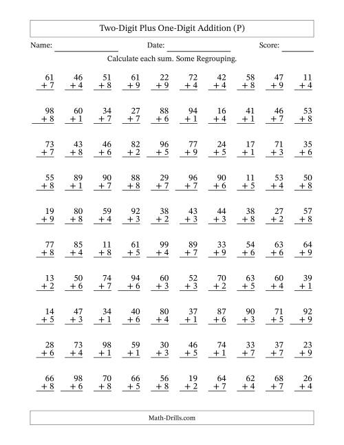 The Two-Digit Plus One-Digit Addition With Some Regrouping – 100 Questions (P) Math Worksheet