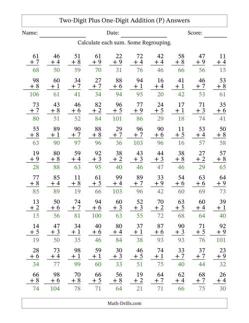 The Two-Digit Plus One-Digit Addition With Some Regrouping – 100 Questions (P) Math Worksheet Page 2