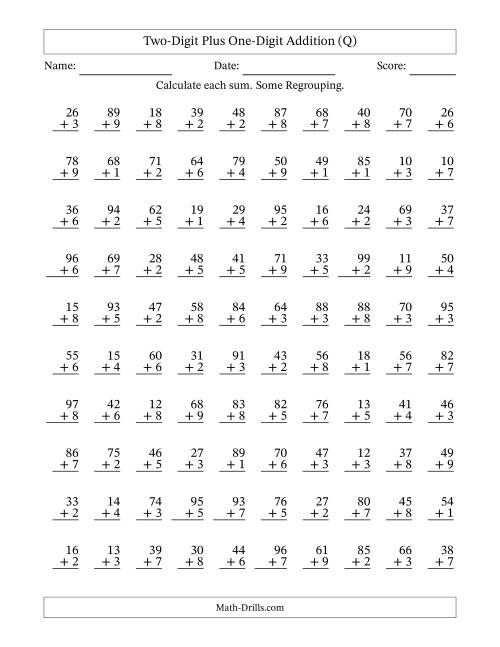 The Two-Digit Plus One-Digit Addition With Some Regrouping – 100 Questions (Q) Math Worksheet