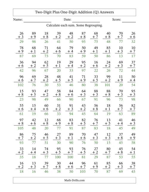 The Two-Digit Plus One-Digit Addition With Some Regrouping – 100 Questions (Q) Math Worksheet Page 2
