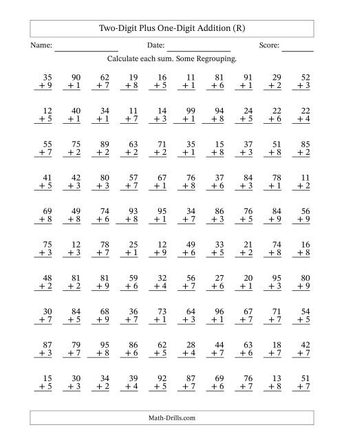 The Two-Digit Plus One-Digit Addition With Some Regrouping – 100 Questions (R) Math Worksheet