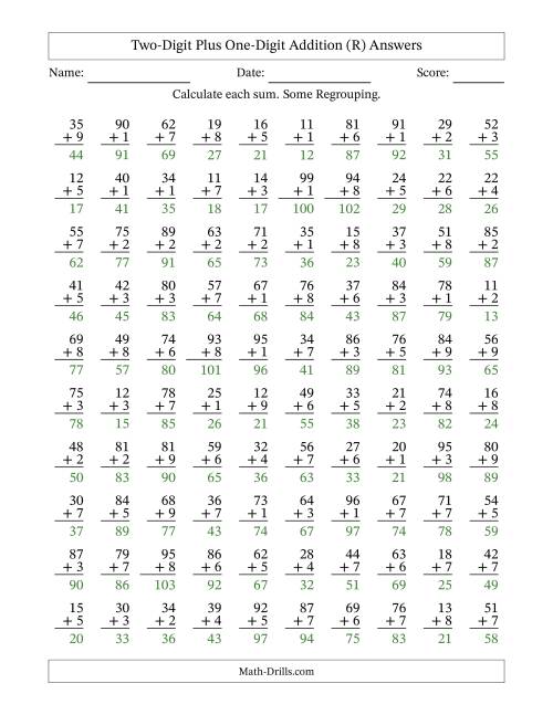 The Two-Digit Plus One-Digit Addition With Some Regrouping – 100 Questions (R) Math Worksheet Page 2