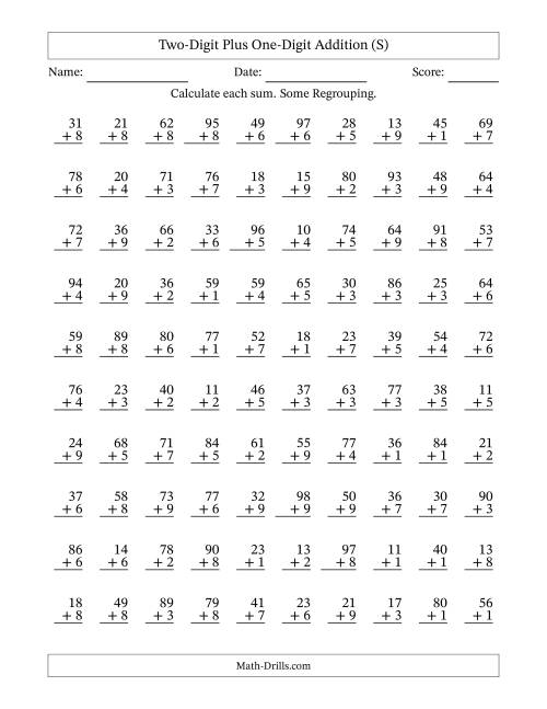 The Two-Digit Plus One-Digit Addition With Some Regrouping – 100 Questions (S) Math Worksheet