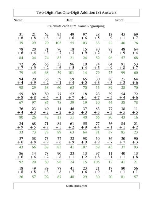 The Two-Digit Plus One-Digit Addition With Some Regrouping – 100 Questions (S) Math Worksheet Page 2