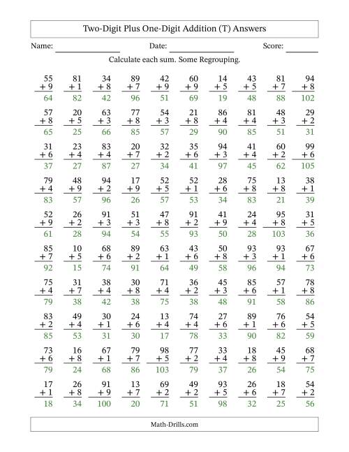 The Two-Digit Plus One-Digit Addition With Some Regrouping – 100 Questions (T) Math Worksheet Page 2
