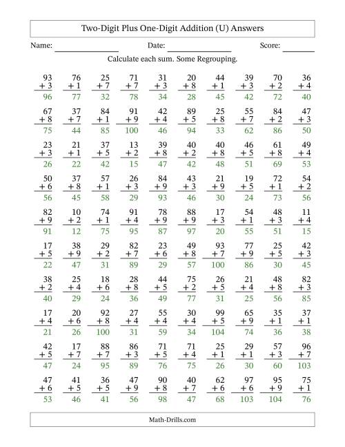 The Two-Digit Plus One-Digit Addition With Some Regrouping – 100 Questions (U) Math Worksheet Page 2