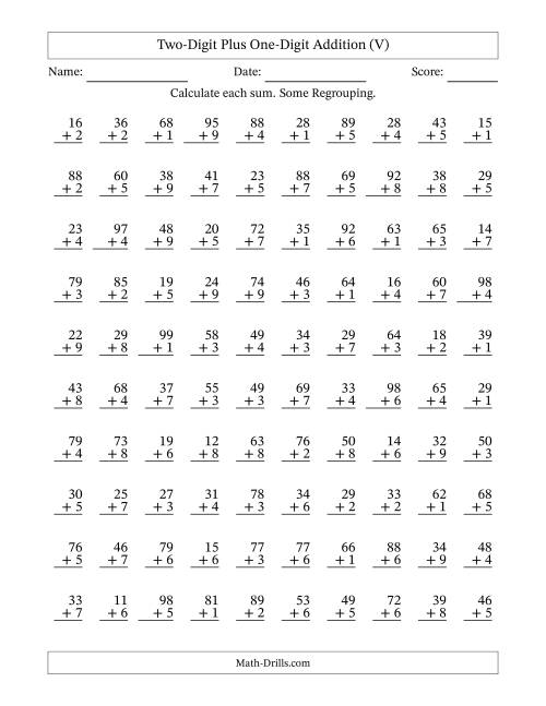The Two-Digit Plus One-Digit Addition With Some Regrouping – 100 Questions (V) Math Worksheet