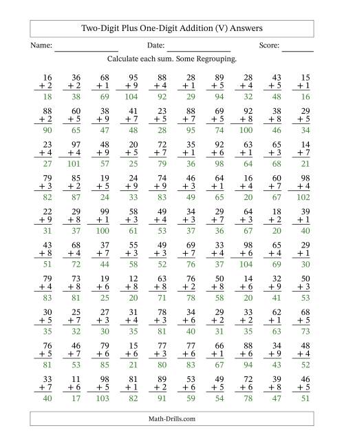 The Two-Digit Plus One-Digit Addition With Some Regrouping – 100 Questions (V) Math Worksheet Page 2