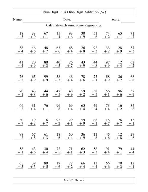 The Two-Digit Plus One-Digit Addition With Some Regrouping – 100 Questions (W) Math Worksheet