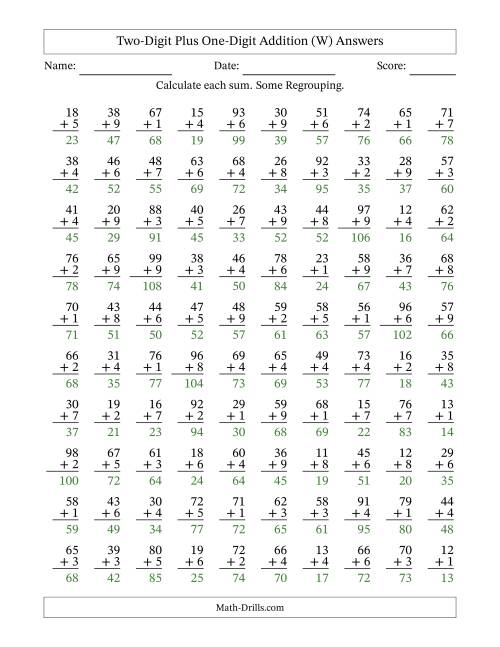 The Two-Digit Plus One-Digit Addition With Some Regrouping – 100 Questions (W) Math Worksheet Page 2