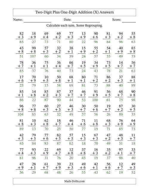 The Two-Digit Plus One-Digit Addition With Some Regrouping – 100 Questions (X) Math Worksheet Page 2
