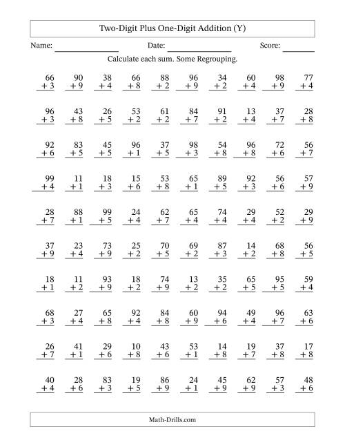 The Two-Digit Plus One-Digit Addition With Some Regrouping – 100 Questions (Y) Math Worksheet