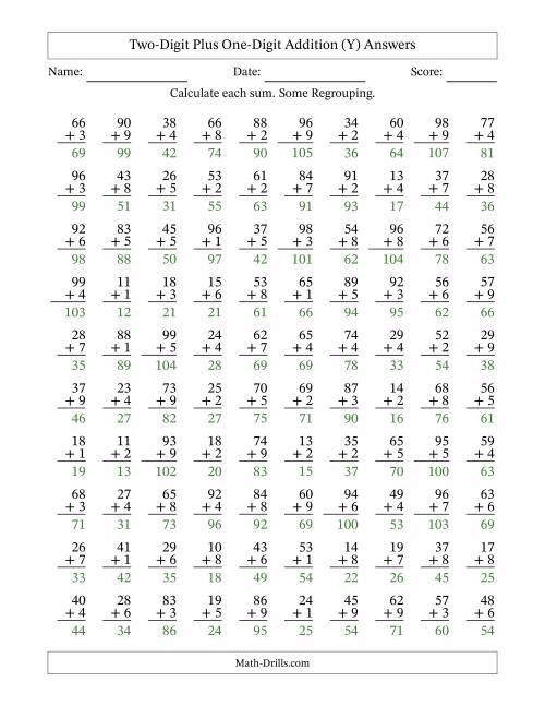 The Two-Digit Plus One-Digit Addition With Some Regrouping – 100 Questions (Y) Math Worksheet Page 2