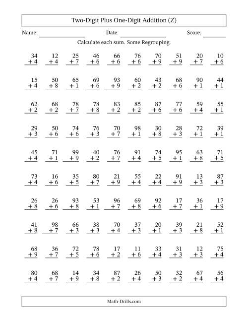 The Two-Digit Plus One-Digit Addition With Some Regrouping – 100 Questions (Z) Math Worksheet