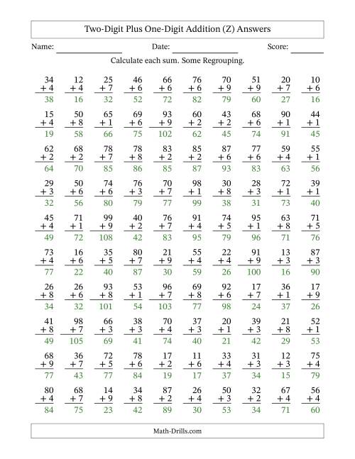 The Two-Digit Plus One-Digit Addition With Some Regrouping – 100 Questions (Z) Math Worksheet Page 2