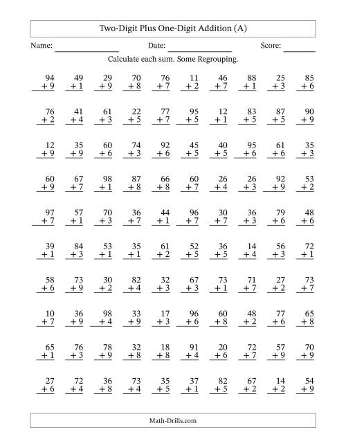 The Two-Digit Plus One-Digit Addition With Some Regrouping – 100 Questions (All) Math Worksheet