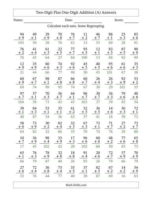 The Two-Digit Plus One-Digit Addition With Some Regrouping – 100 Questions (All) Math Worksheet Page 2