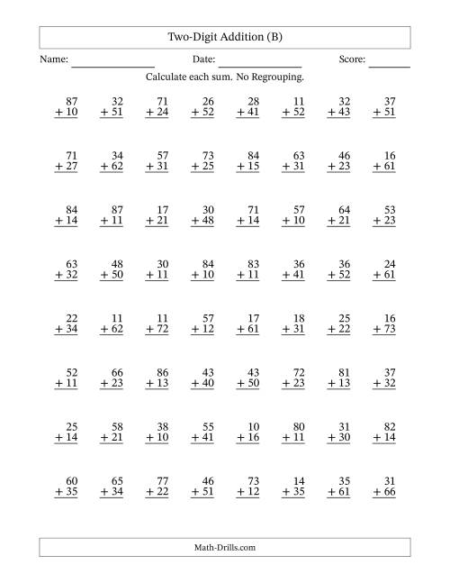 Two-Digit Addition -- No Regrouping -- 64 Questions (B)