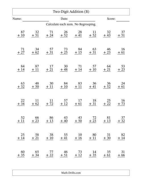 The Two-Digit Addition With No Regrouping – 64 Questions (B) Math Worksheet
