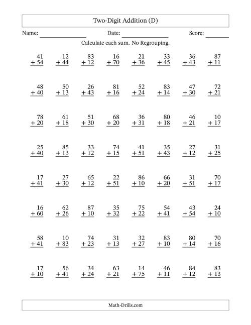 The Two-Digit Addition With No Regrouping – 64 Questions (D) Math Worksheet