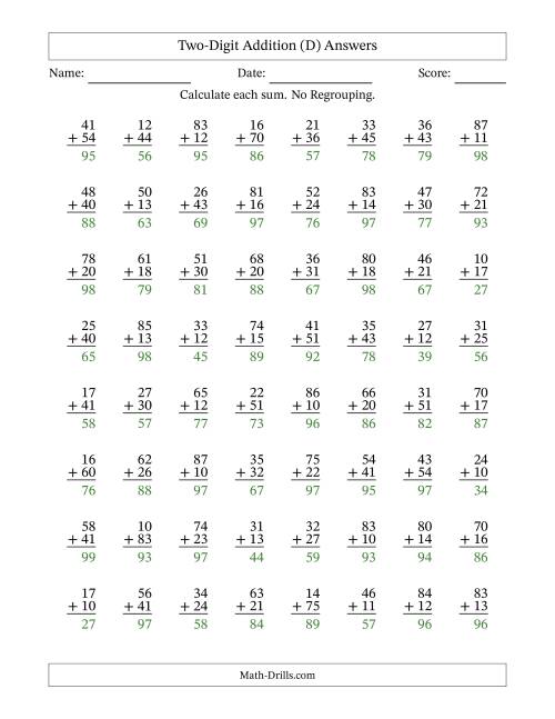 The Two-Digit Addition With No Regrouping – 64 Questions (D) Math Worksheet Page 2