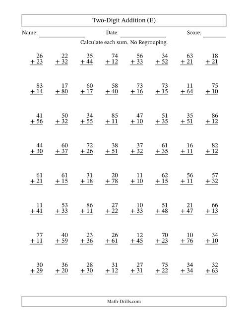 The Two-Digit Addition With No Regrouping – 64 Questions (E) Math Worksheet