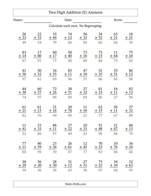 The Two-Digit Addition With No Regrouping – 64 Questions (E) Math Worksheet Page 2
